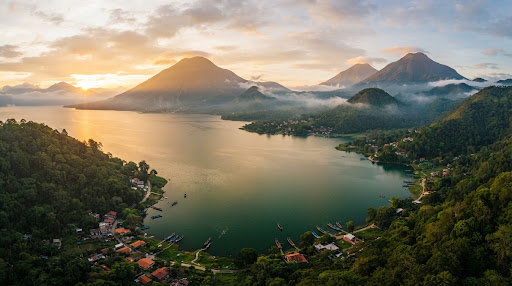 Vista panorámica del Lago Atitlán rodeado de volcanes